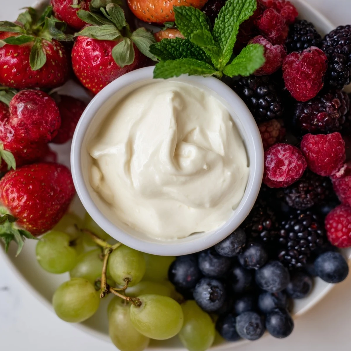 Vibrant Mistletoe Kiss Berry Dip Board: sweet berries surround a creamy dip, perfect for a party appetizer.