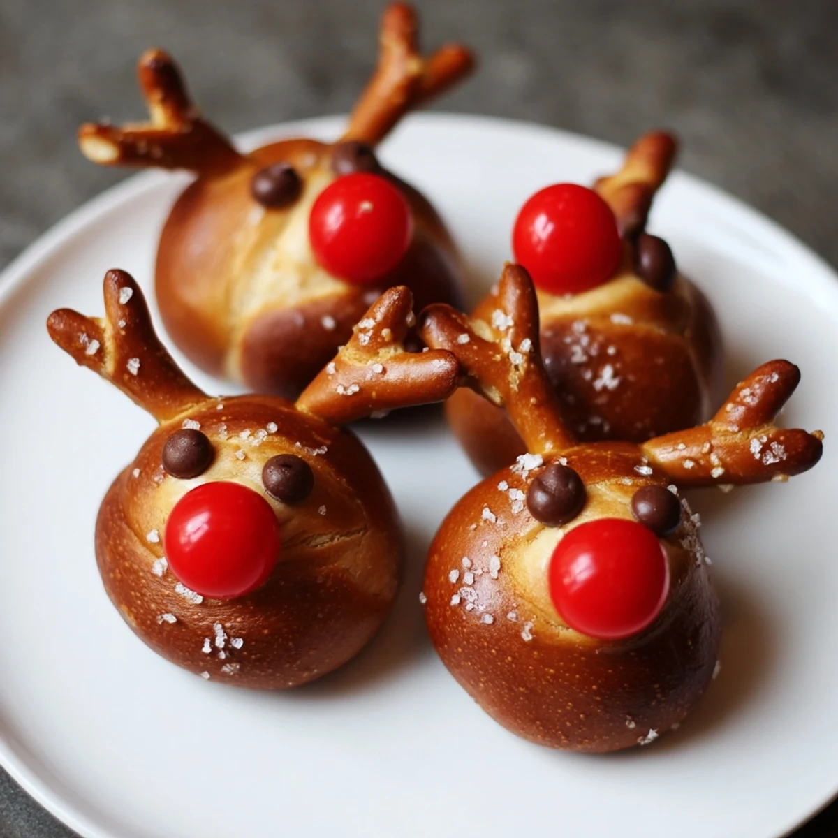 Close-up of baked Rudolfs Red Nose Pretzel Bites with pretzel antlers and cheerful chocolate chip eyes.