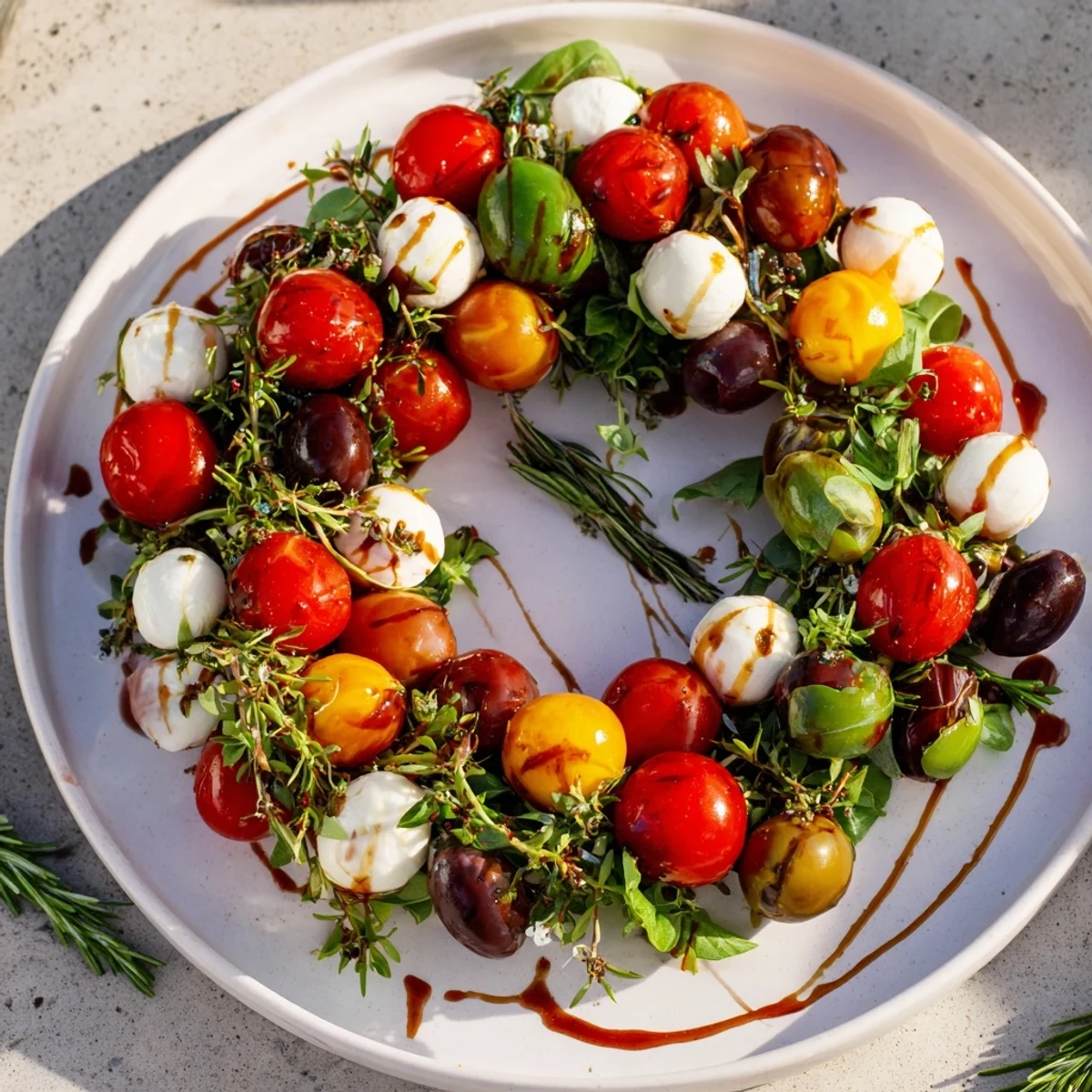 Vibrant appetizer wreath made with olives, tomatoes, and herbs, ready to be served.