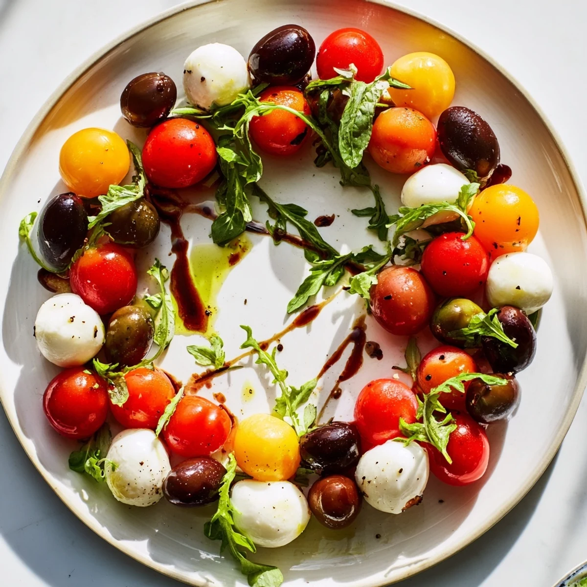Fresh olive and cherry tomato appetizer wreath, drizzled with olive oil, perfect for sharing.