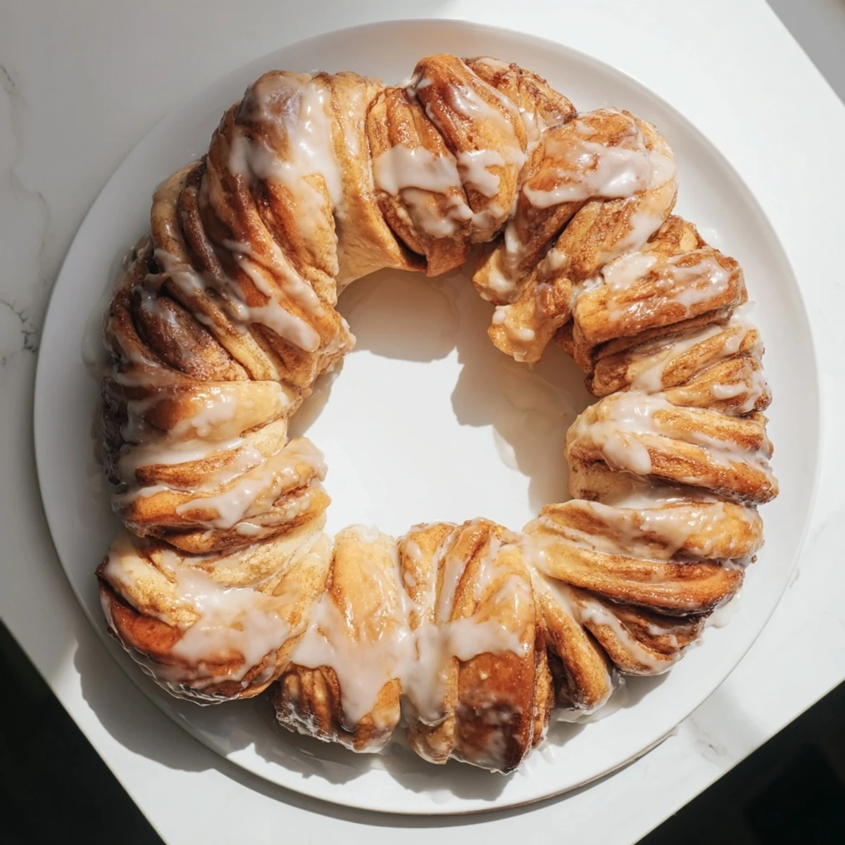 Fluffy, golden Cinnamon Roll Pull-Apart Wreath, perfect for sharing and drizzled with sweet glaze.