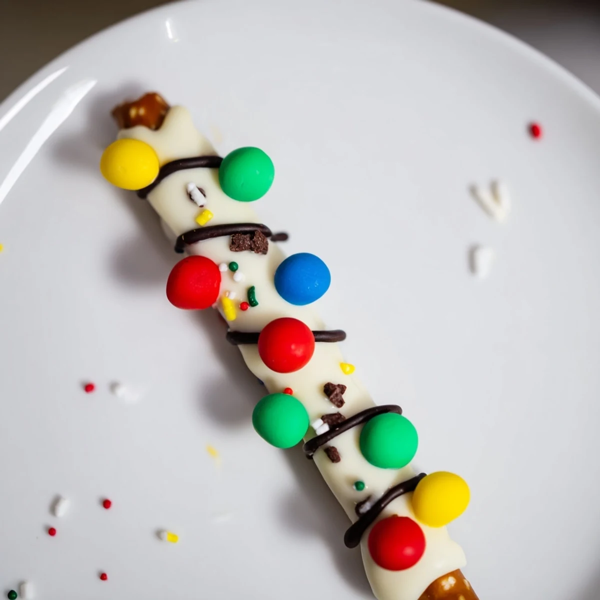 Festive Christmas lights: colorful candy melts adorn pretzel sticks ready for a no-bake treat.