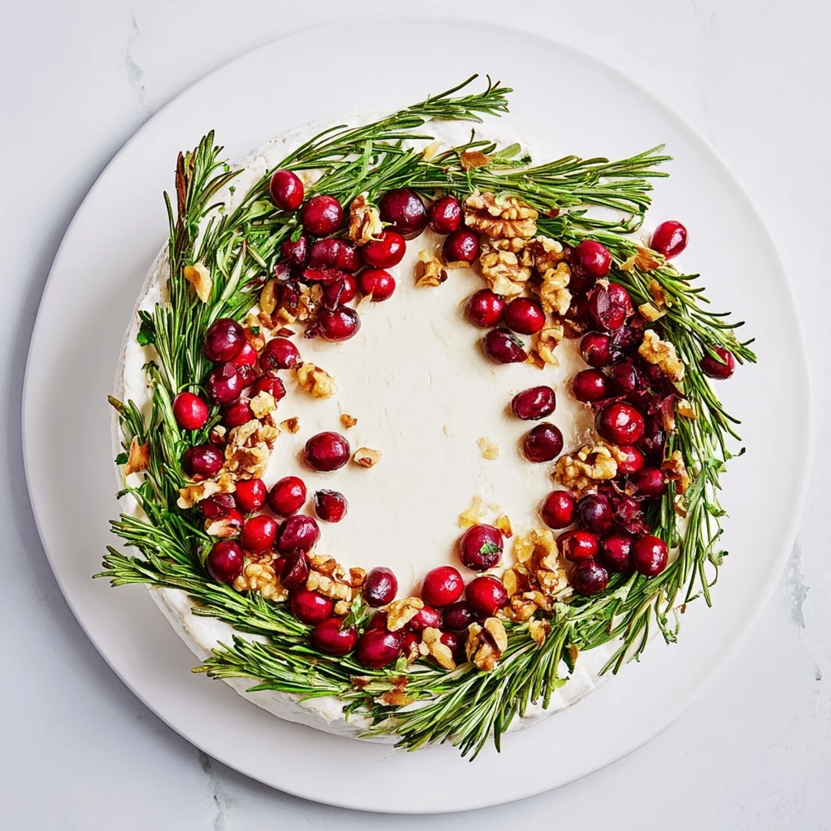 A gorgeous overhead shot: Brie Cheese Wheel encircled by fresh rosemary, perfect as an appetizer.