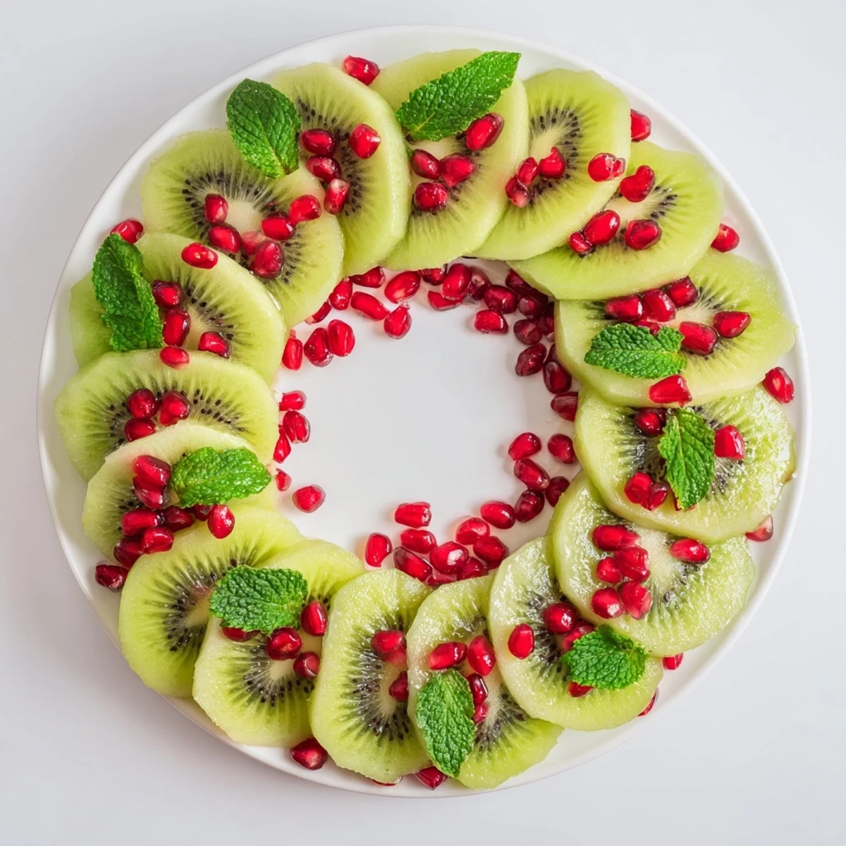 Vibrant Kiwi and Pomegranate Christmas Wreath showcases ripe kiwi and ruby pomegranate seeds for a holiday dessert.