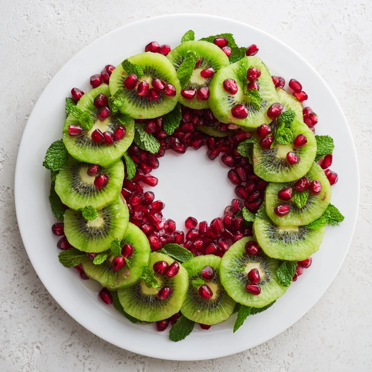 A juicy, colorful Kiwi and Pomegranate Christmas Wreath plate, ready to be enjoyed as a festive appetizer.