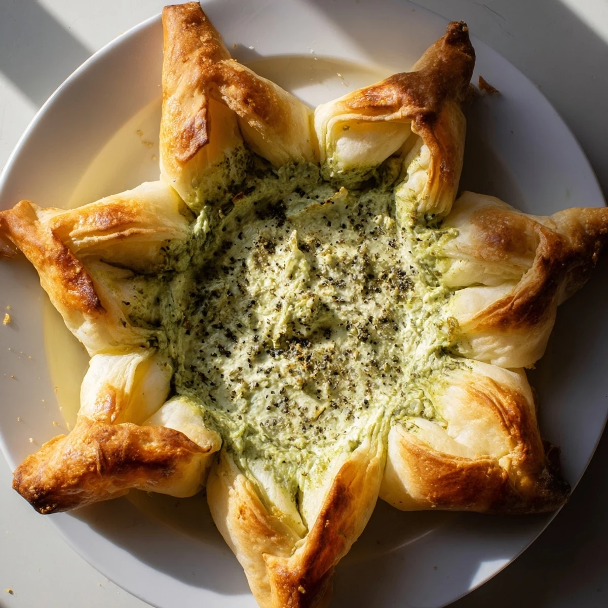 Golden, star-shaped pesto dip with cracker edges, a delightful appetizer ready to serve.
