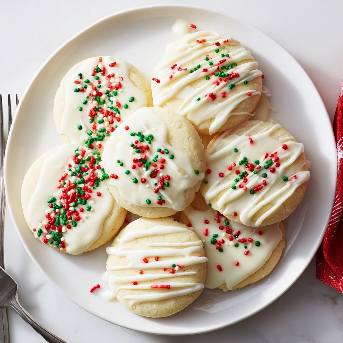 Golden-baked holiday cookies glistens with a sweet, festive icing drizzle, perfect for sharing.