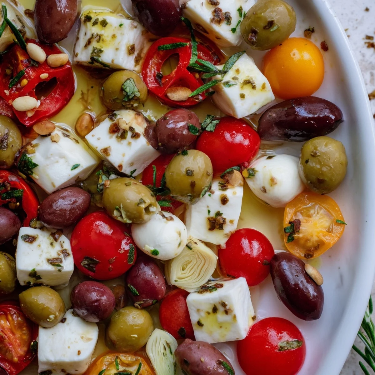 Vibrant Olive and Cherry Tomato Garland Board, bursting with fresh olives, tomatoes, creamy cheese, ready to serve!