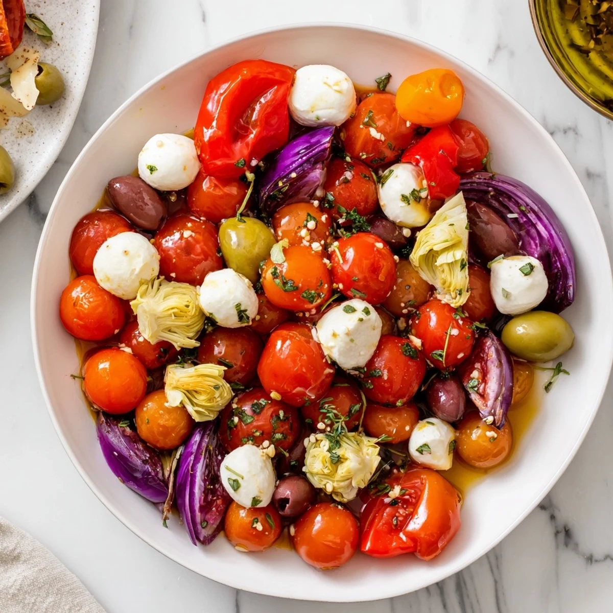 Imagine the flavors of this Olive and Cherry Tomato Garland Board: a party appetizer with olives and fresh herbs.