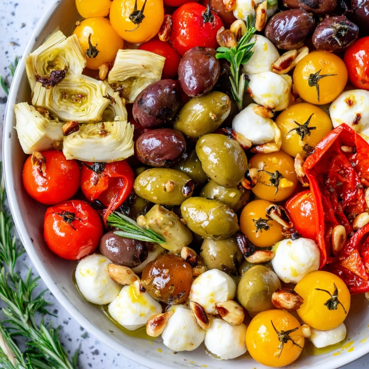 This colorful Olive and Cherry Tomato Garland Board displays a delicious Mediterranean feast, perfect for sharing.