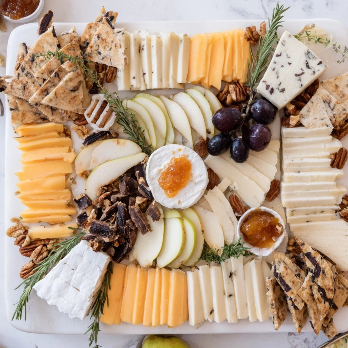 Festive Twelve Days of Cheese Board: An assortment of cheeses paired with fruits and nuts.