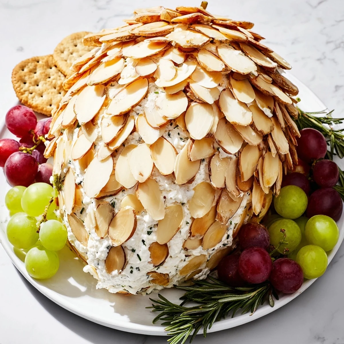 Snowy Pinecone Centerpiece appetizer, a festive treat with almond scales and snowy powdered sugar dusting.
