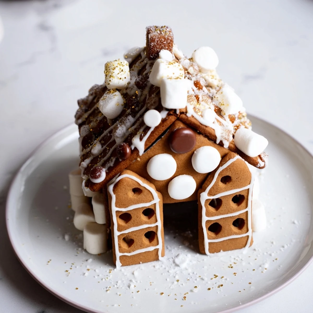 Festive gingerbread house frame, beautifully decorated, offers a delightful holiday display of sweets and cookies.