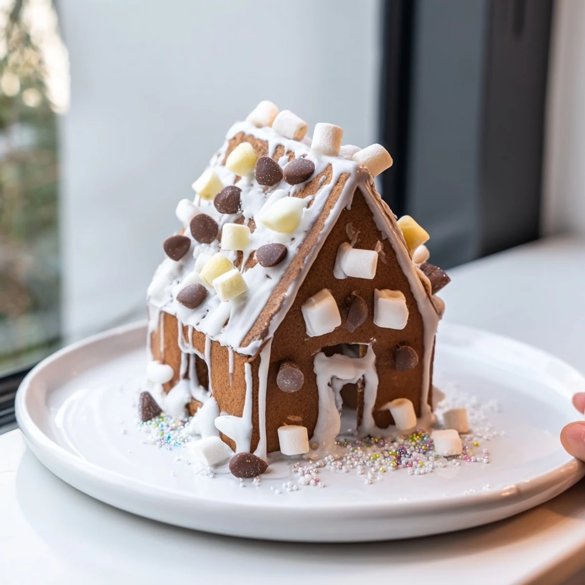 A warmly inviting photo shows a finished gingerbread house frame surrounding a colorful variety of holiday treats.