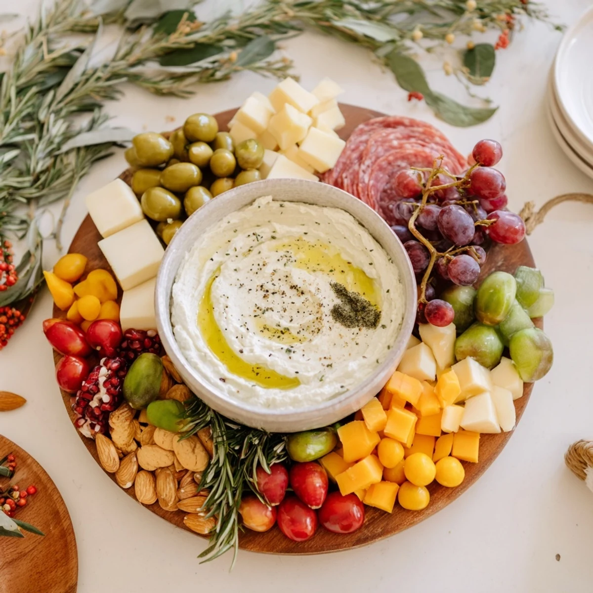 Festive Evergreen Wreath Board arranged with colorful cheeses, fruits, and meats ready to serve.