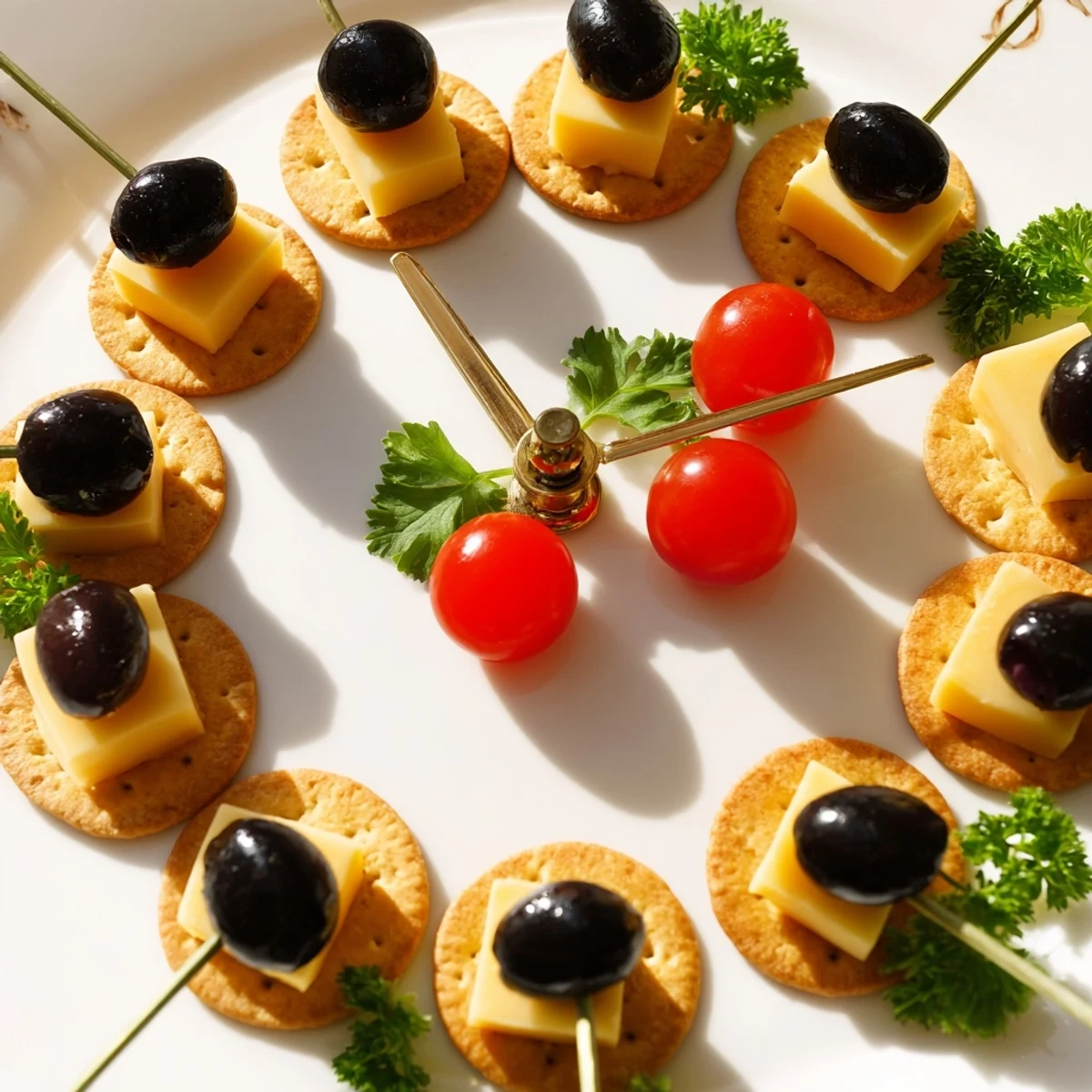 A vibrant New Years Clock Countdown appetizer platter with cheese cubes and olive clock numbers.