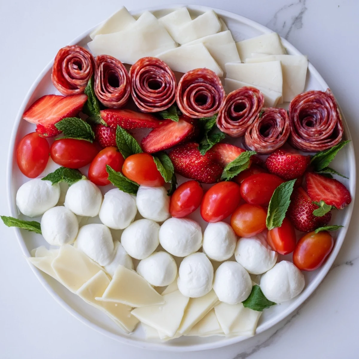 A festive Peppermint Stripe Celebration appetizer, featuring layered cheeses, fruits, and meats ready to be enjoyed.