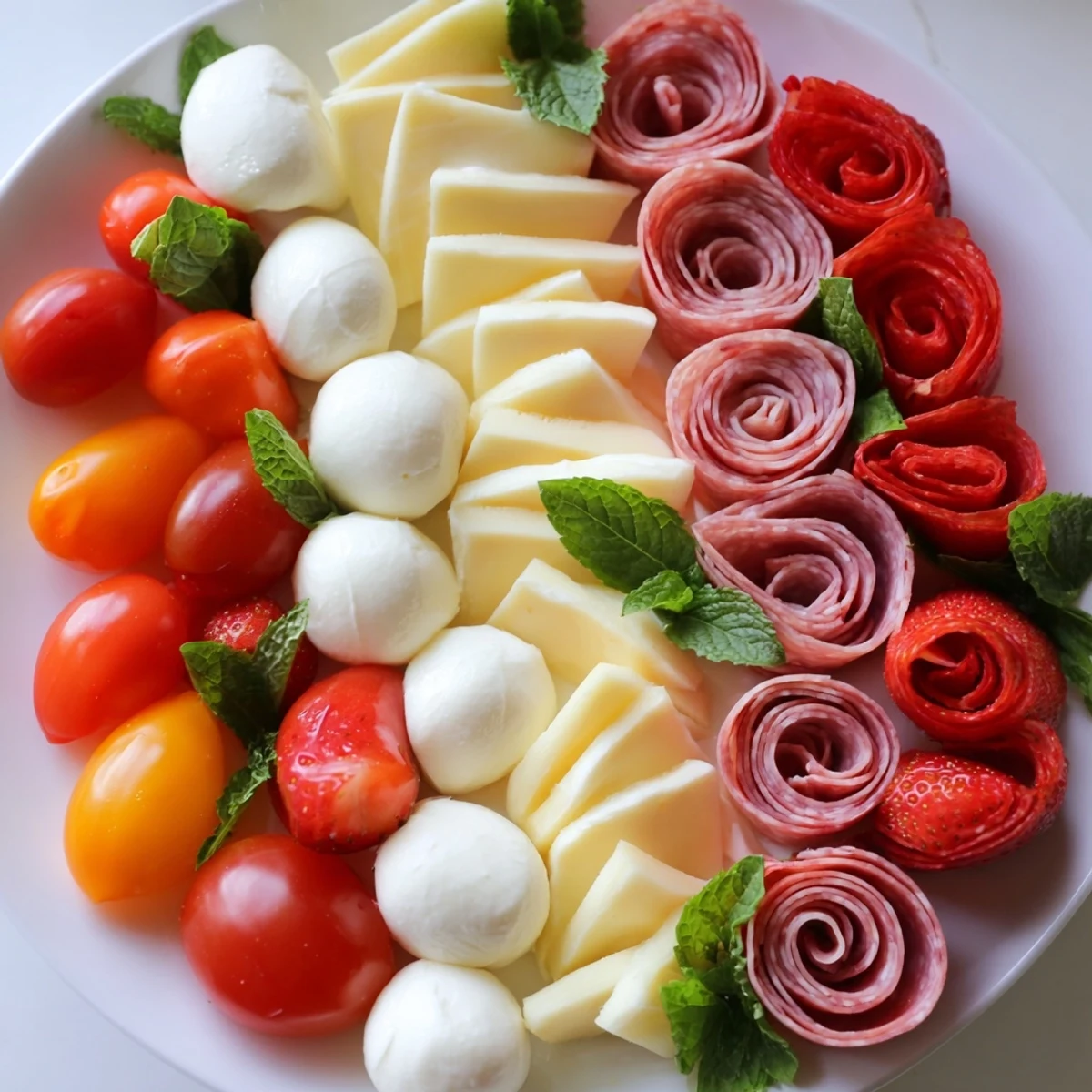 Peppermint Stripe Celebration platter with vibrant red berries and creamy, white cheeses for spreading.