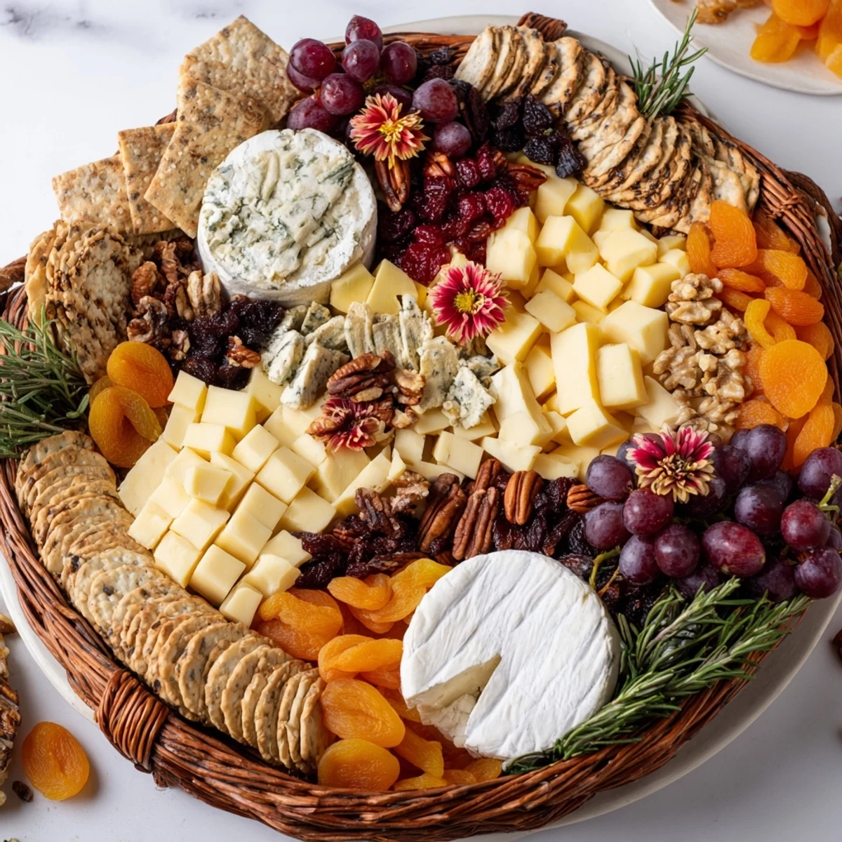 Autumn Harvest Horn of Plenty overflowing with colorful dried fruits, nuts, and cheeses for a fall appetizer.
