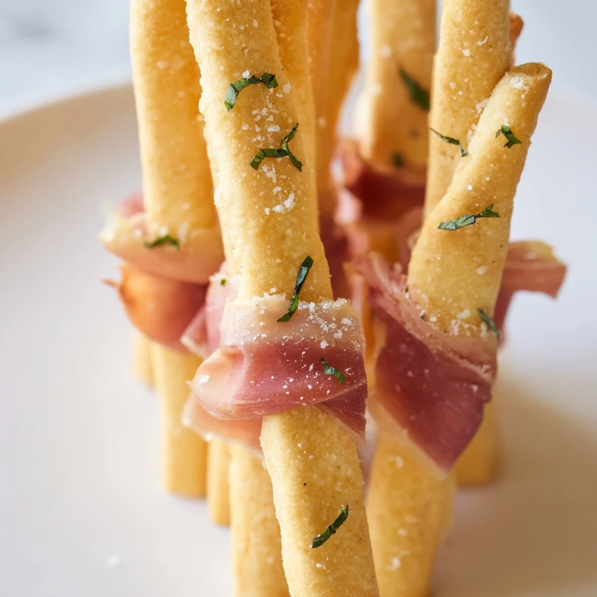 Golden Gate appetizer: Crunchy breadsticks with salty prosciutto draped to create a beautiful edible bridge.