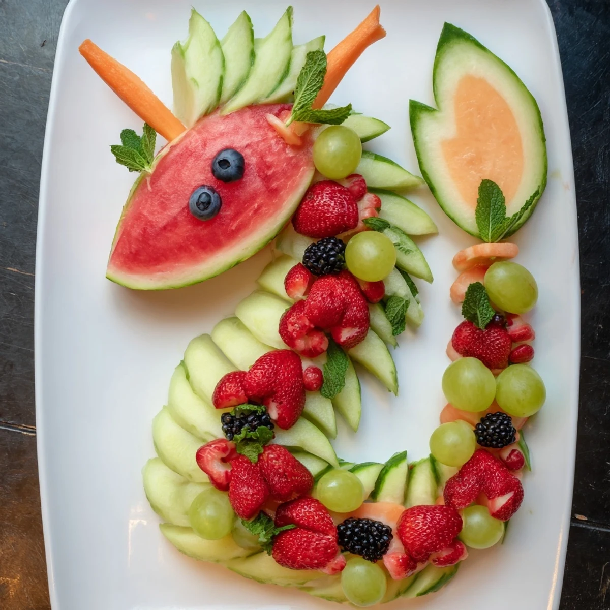 Vibrant dragon-shaped fruit tray, featuring juicy watermelon and colorful berries; perfect for a party.