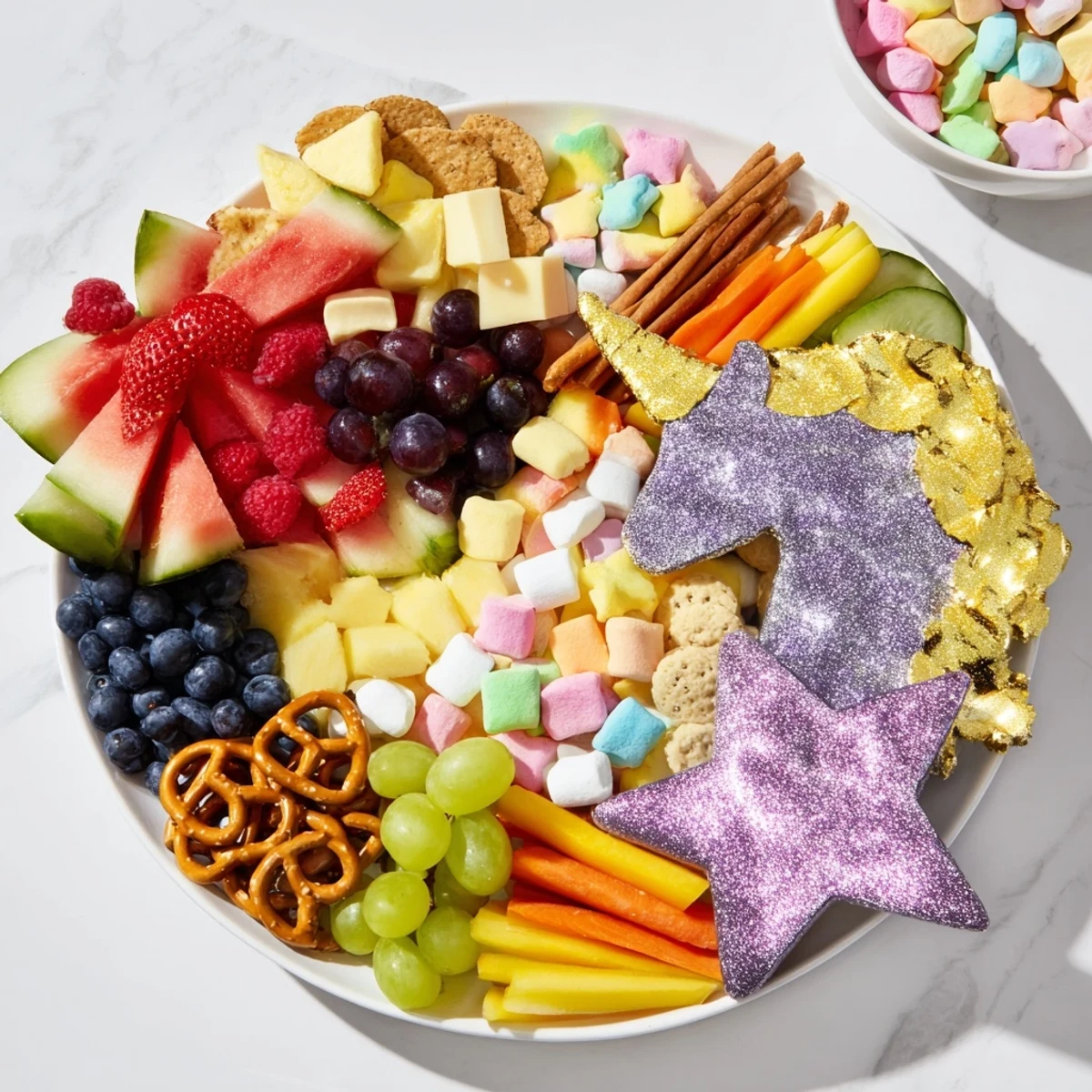 Vibrant Unicorn Party Platter: A colorful array of fresh fruits, veggies, and treats arranged on a large platter.