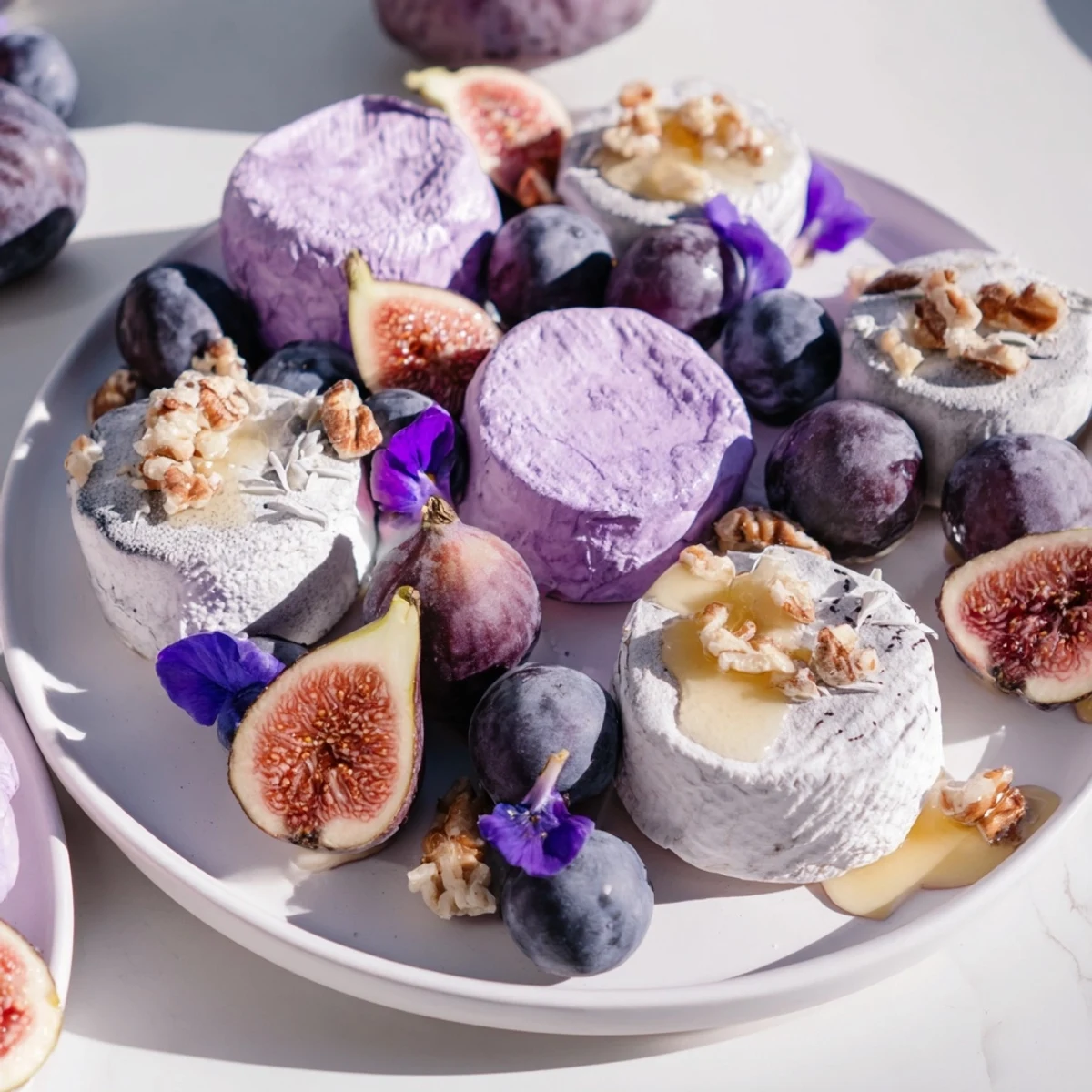 Beautiful cheese platter, "The Lavender Haze," with lavender goat cheese and brie, ready to serve.
