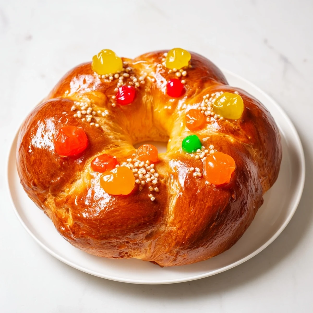 A golden-baked Couronne de Roi Bijoux Sucrés, glistening with candied fruits and pearl sugar.