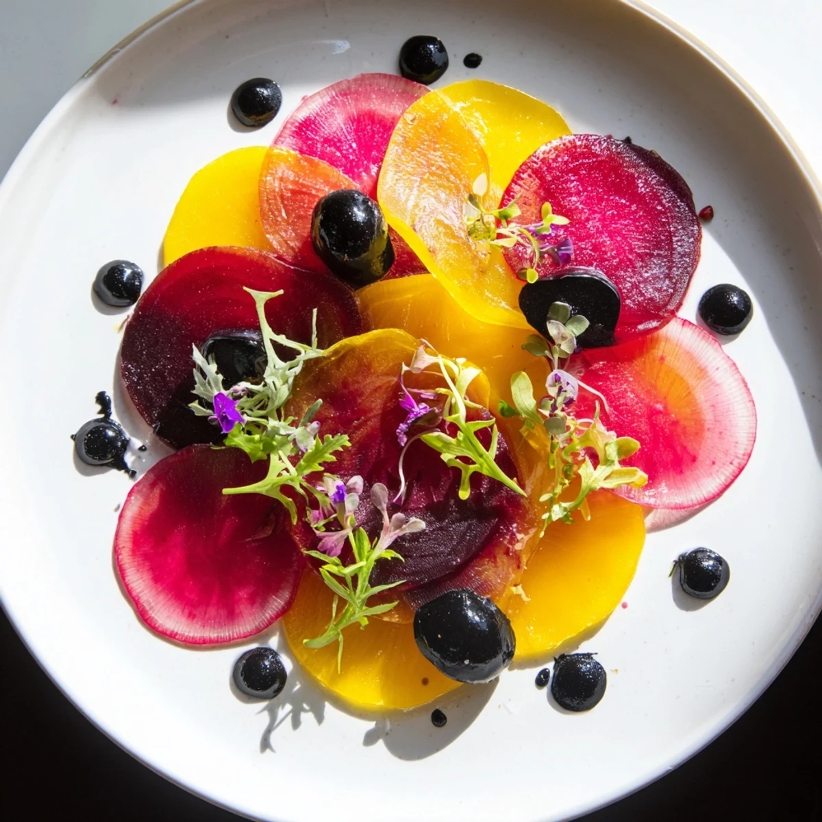 Silhouettes of blackberries and olives in The Shadow Play, layered on golden and red beets with microgreens.
