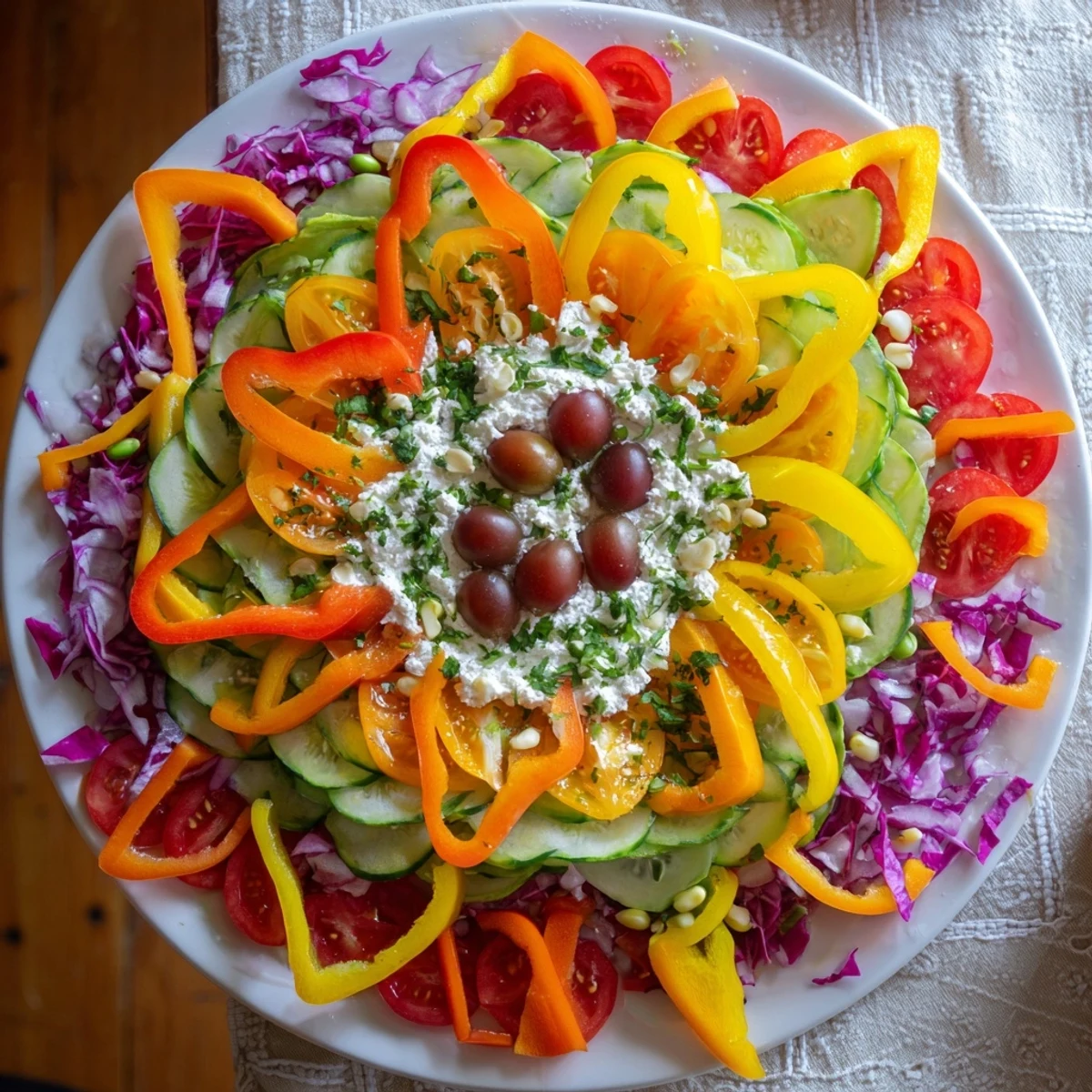 The Prism Burst salad, a rainbow of fresh veggies, arranged artfully on a white base.