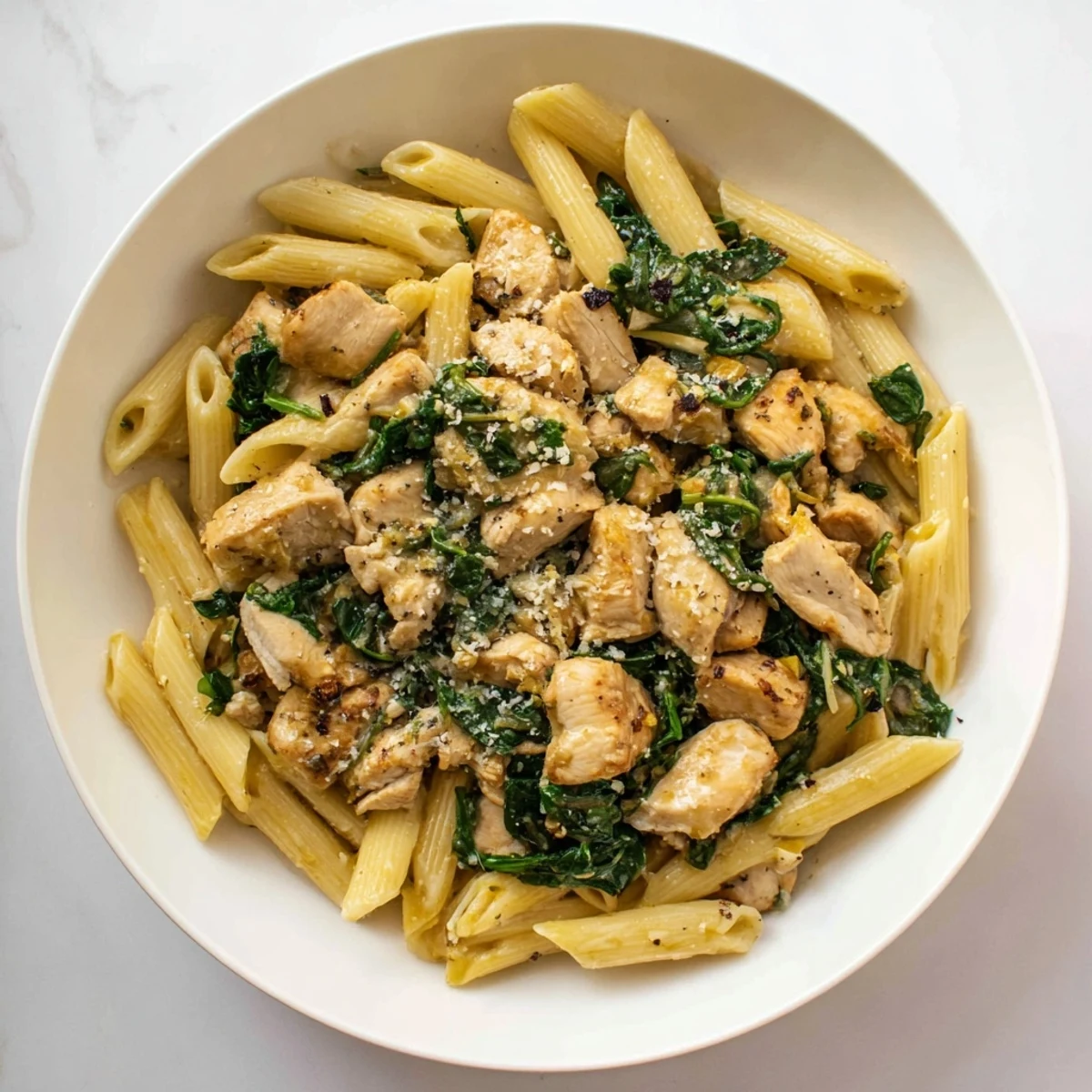 One-pot spinach and chicken pasta, steaming hot, with tender chicken and vibrant spinach visible.