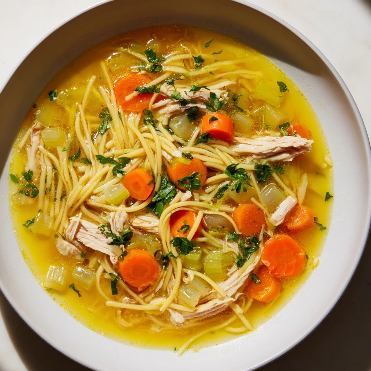 Steaming bowl of Chicken and Ditalini Flu Fighter Soup, aromatic steam rising, ready to warm you.