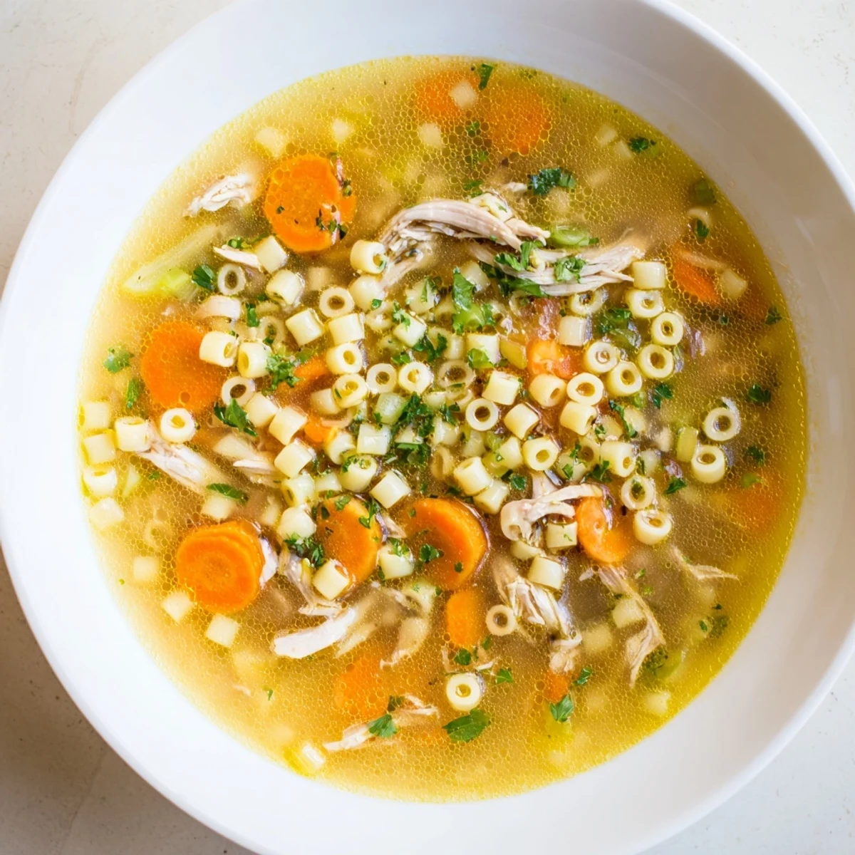 Hearty Chicken and Ditalini Flu Fighter Soup ladled into a bowl, garnished with fresh parsley, looks amazing.