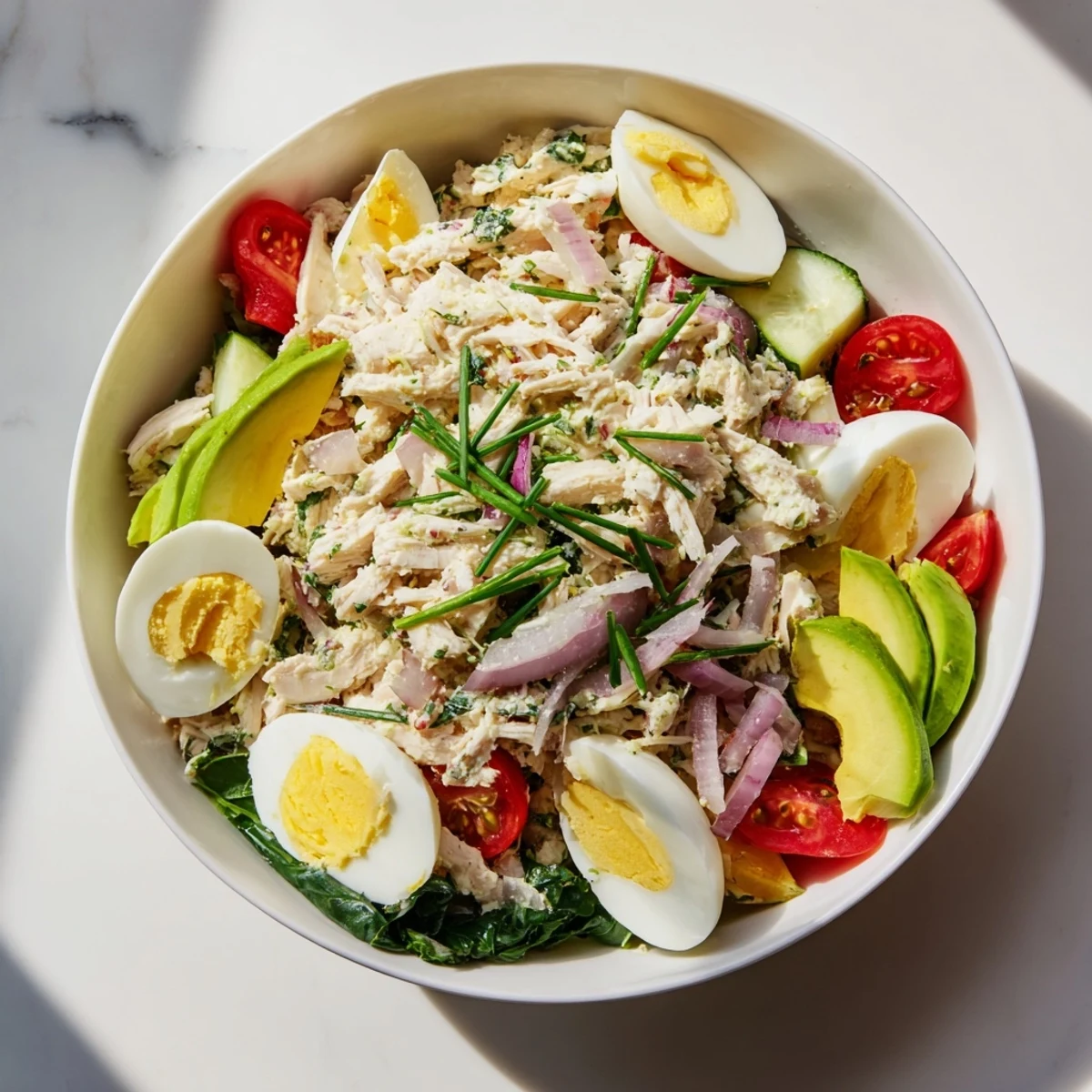 High-Protein Chicken and Egg Salad, a vibrant mix of juicy chicken and creamy eggs.