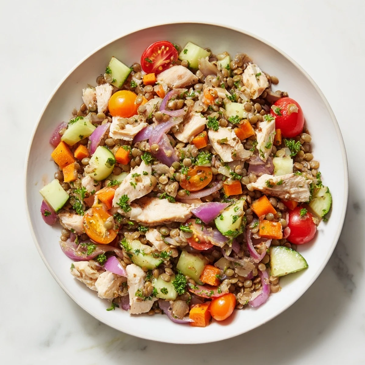 Freshly tossed Chicken and Lentil Recession Salad, perfect for a healthy lunch, with visible herbs and vegetables.