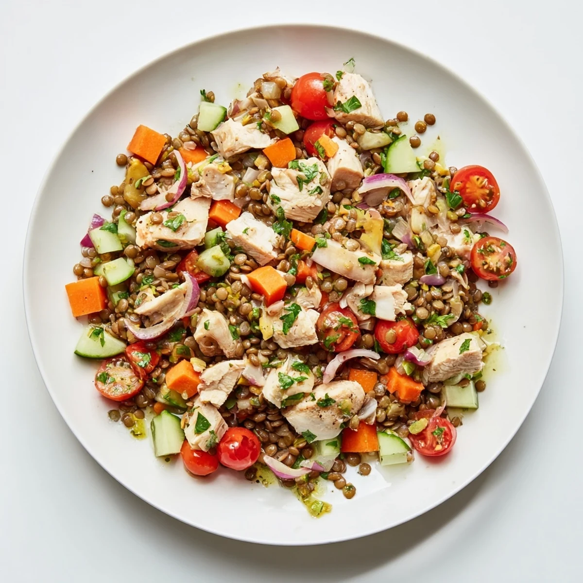 A close-up of a bowl of Chicken and Lentil Recession Salad, featuring lentils, chicken, and a zesty dressing.