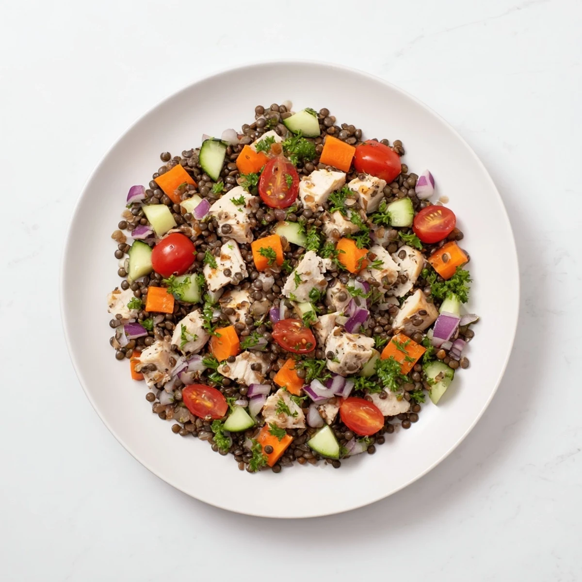 Hearty Chicken and Lentil Recession Salad, showing vibrant cherry tomatoes and cucumbers, ready to be enjoyed.