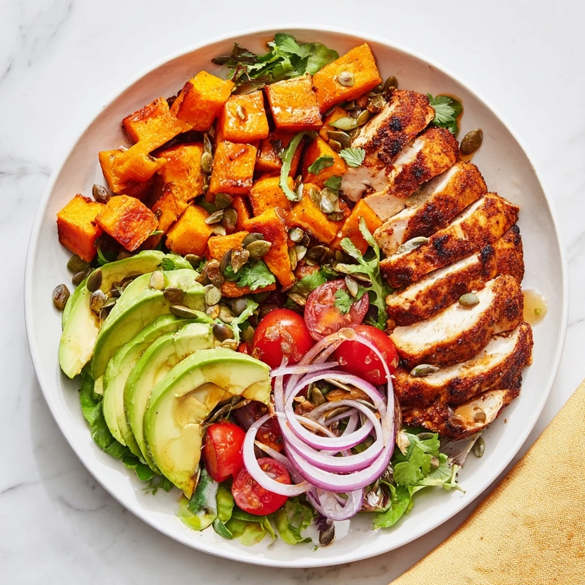 Avocado and Sweet Potato Chicken Bowl: Tender grilled chicken and sweet potatoes drizzled with hot honey, a delicious main.