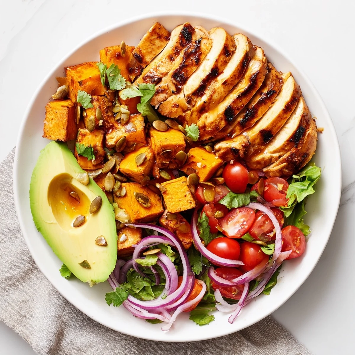 This vibrant Avocado and Sweet Potato Chicken Bowl displays grilled chicken, sweet potatoes, and a spicy honey drizzle.