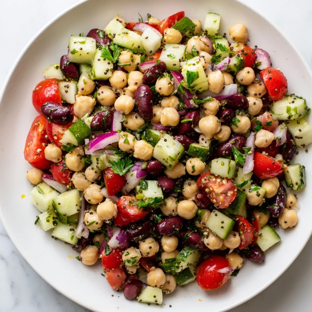 Vibrant Dense Bean Salad, a colorful mix of beans and seeds, ready for a healthy meal.