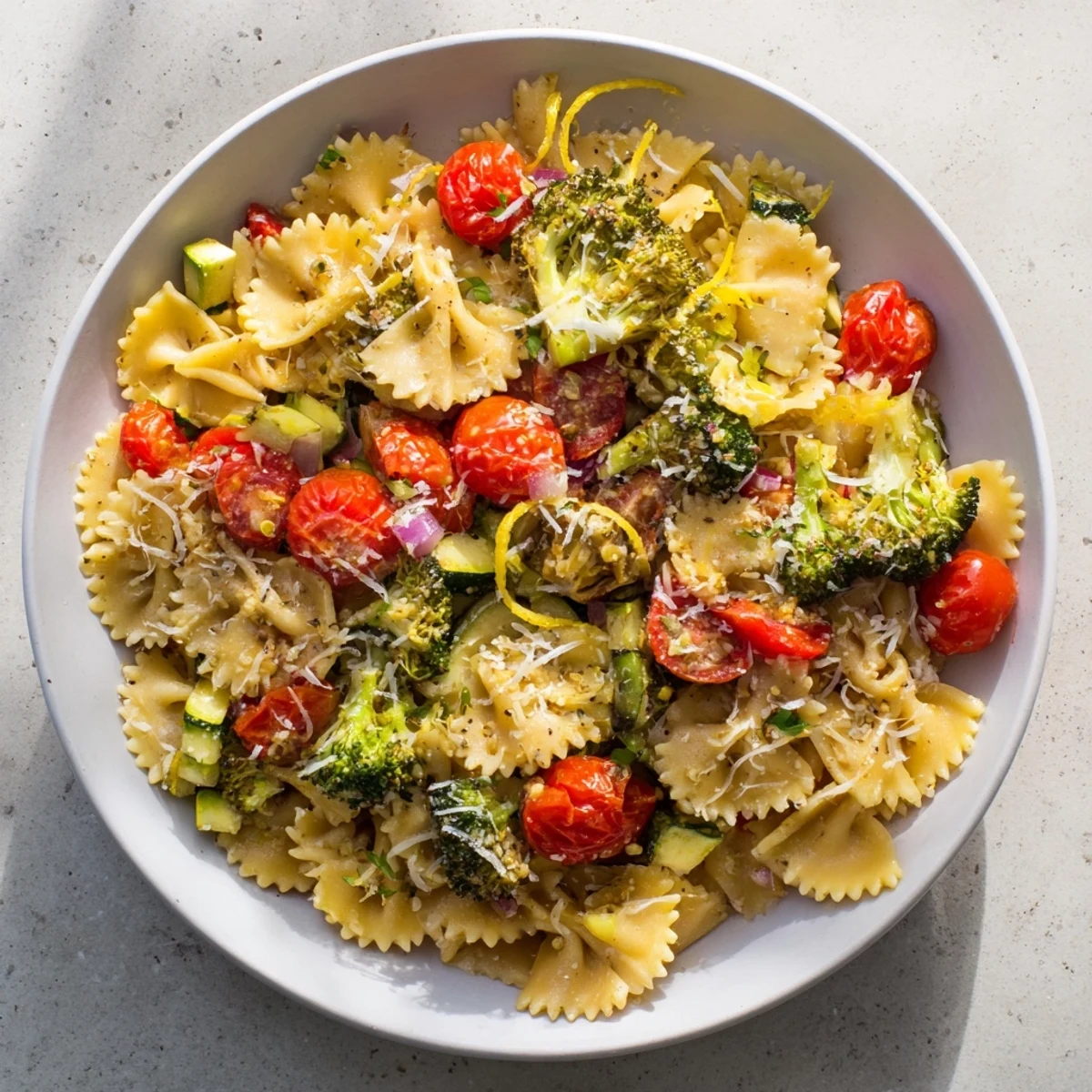 Vibrantly colorful Ditalini with Air-Fried Vegetables in a bowl, showcasing perfectly roasted vegetables.
