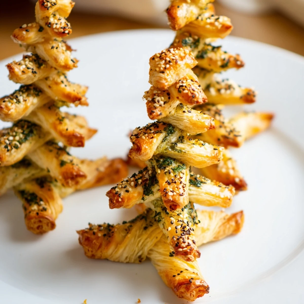 A close-up of the savory puff pastry Christmas tree, glistening after baking and sprinkled with seeds.