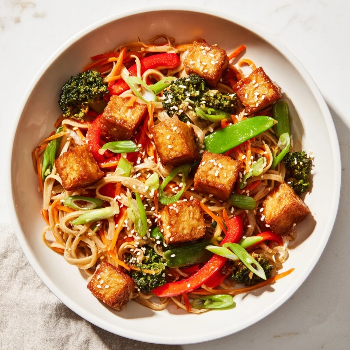Golden, crispy sesame ginger tofu stir-fry with vibrant vegetables and a glossy sauce.