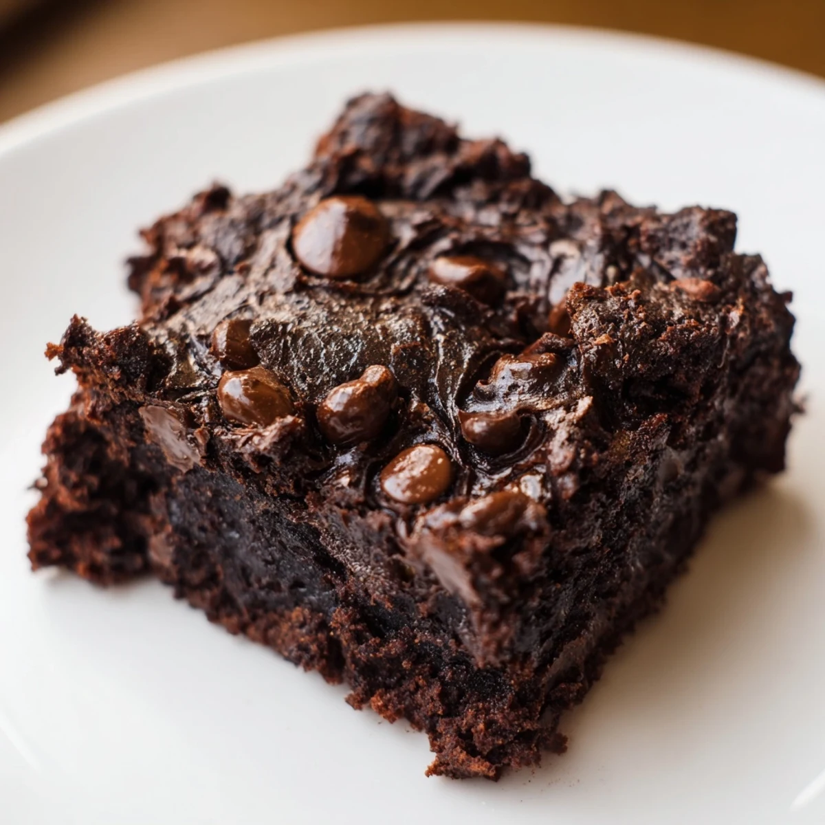 Fudgy black bean brownies, warm from the oven, with a crackly top and chocolate chips.