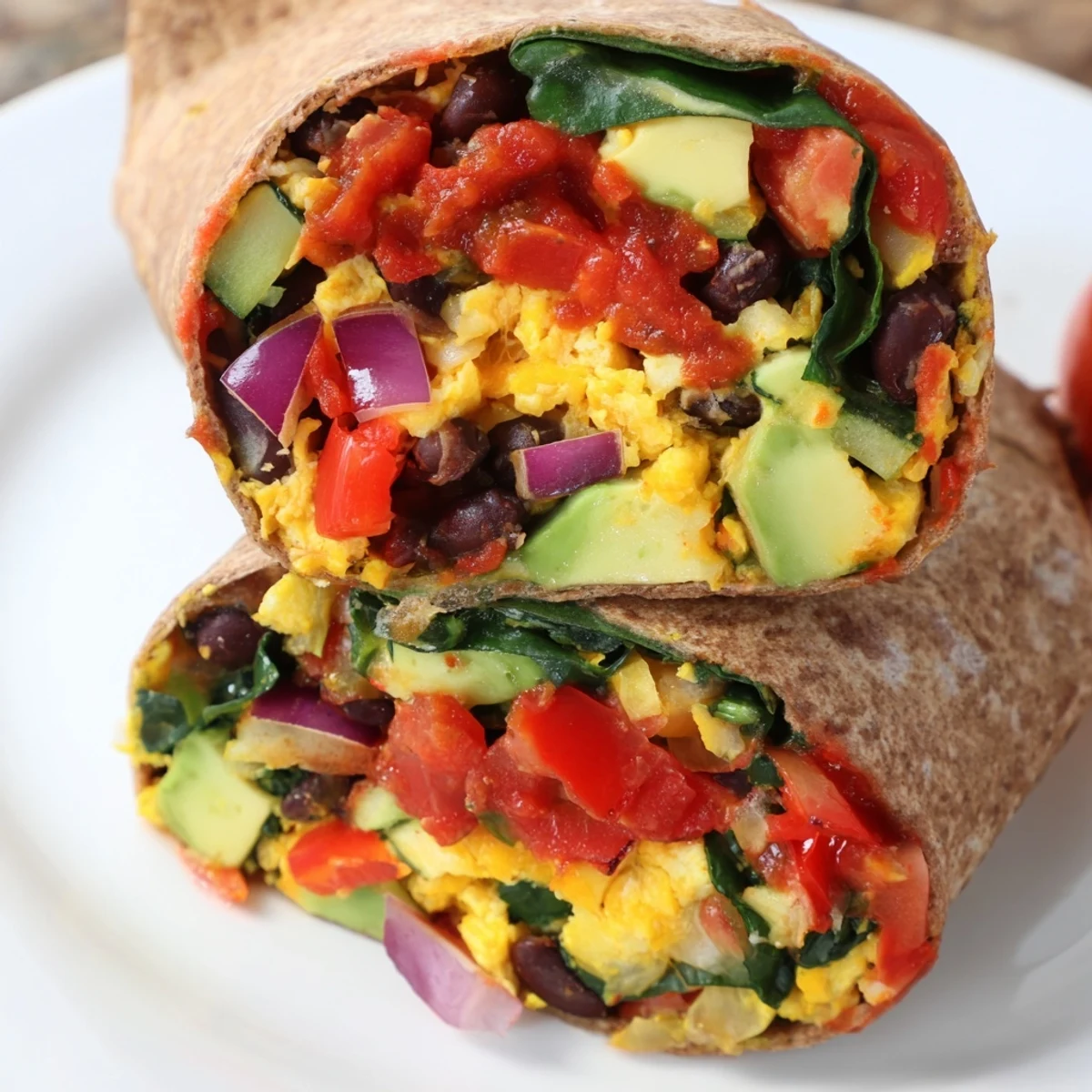 Warm, appetizing image of a freshly made Veggie-Loaded Breakfast Burrito, perfect for a quick & healthy breakfast.