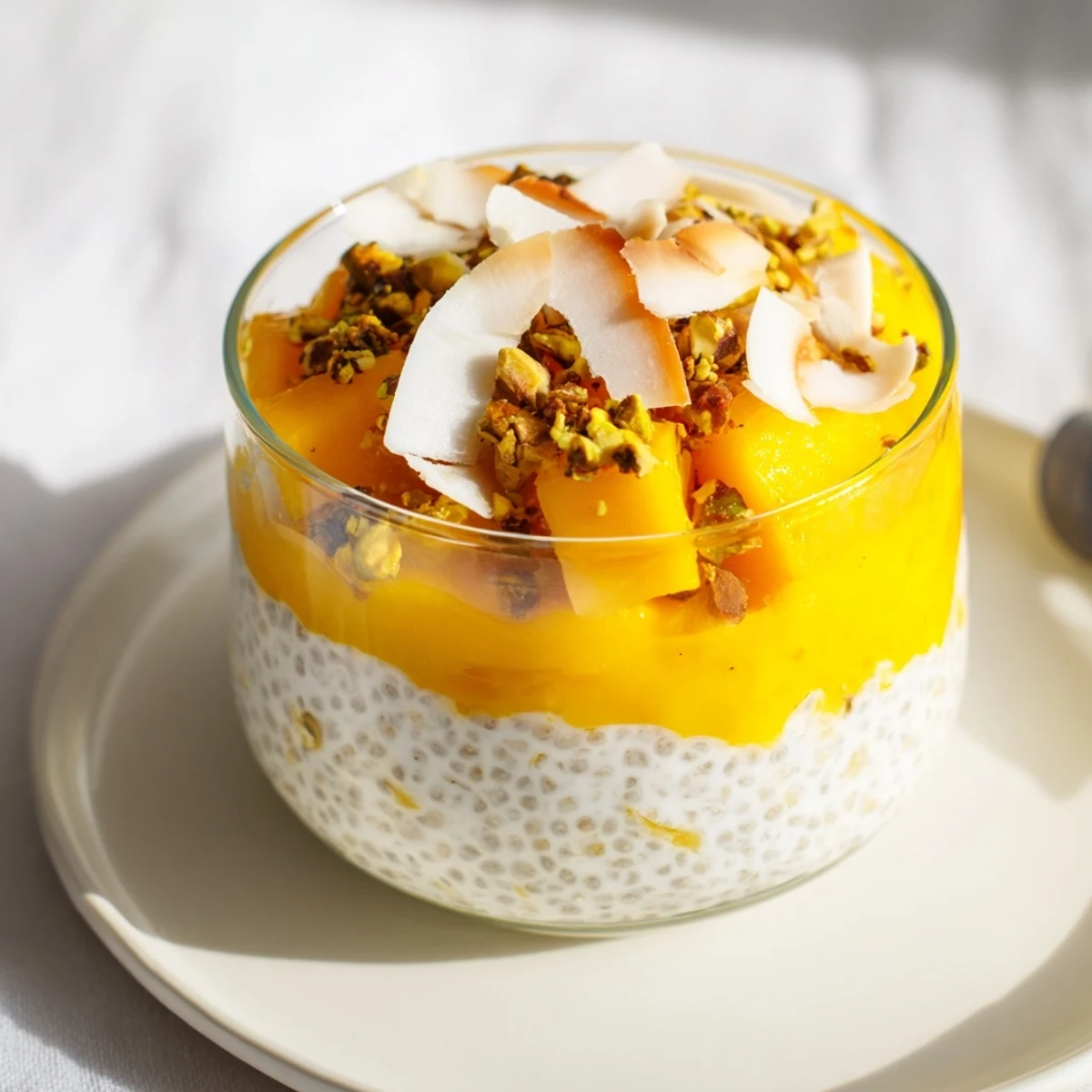 Creamy Mango Coconut Chia Pudding layered with fresh mango, ready to enjoy as a light dessert.