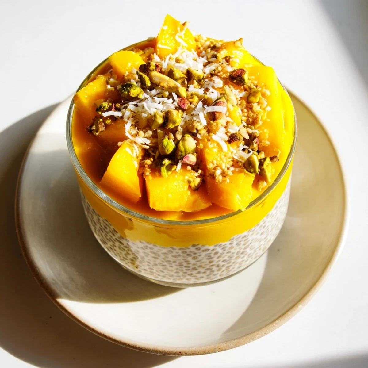 Bright yellow Mango Coconut Chia Pudding, beautifully garnished with toasted coconut flakes and fresh mango.
