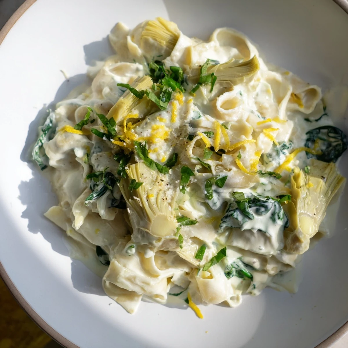 Lemony, creamy Creamy Lemon Artichoke Pasta topped with fresh herbs, ready for serving.