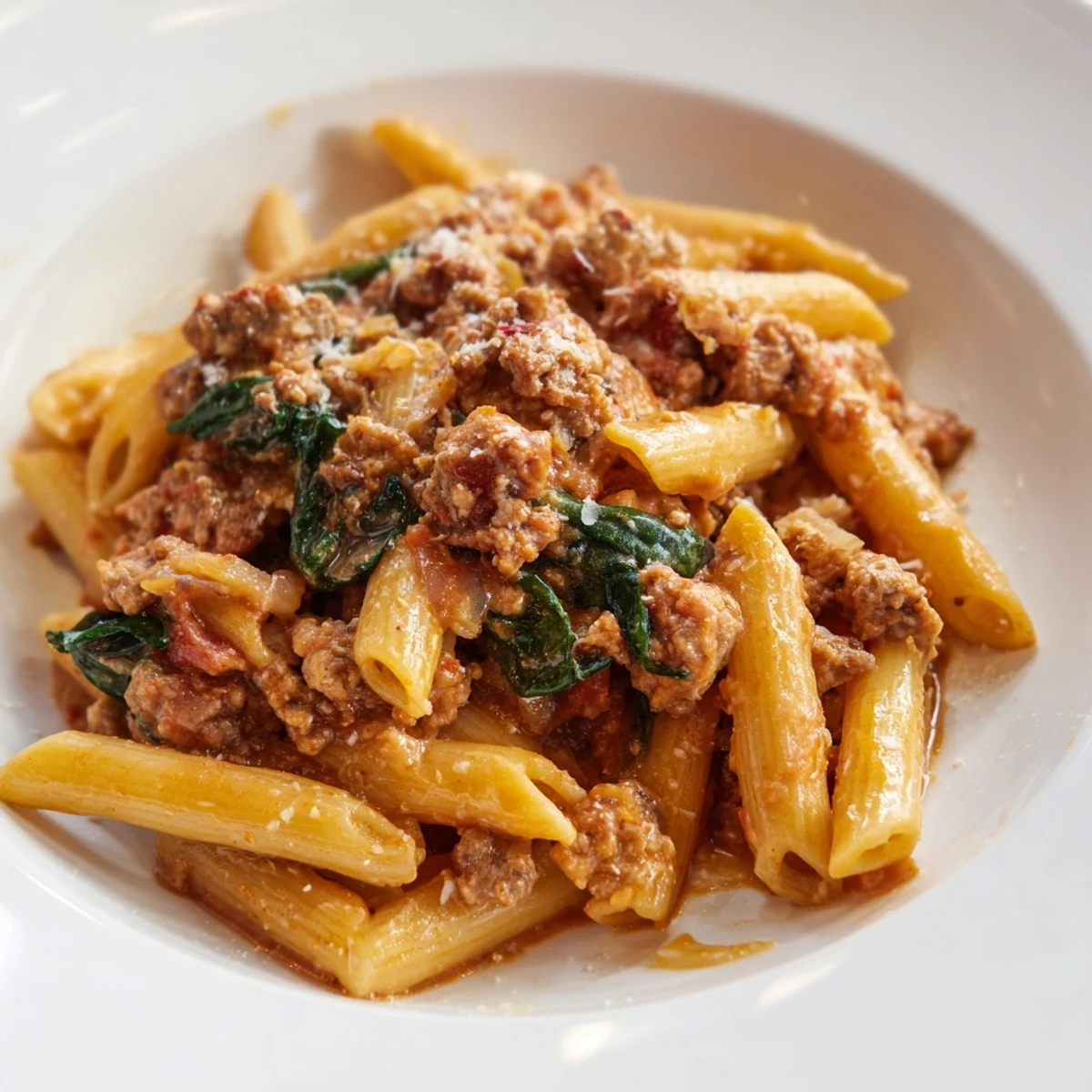 Close-up of a bubbling One-Pot Italian Sausage Tomato Pasta, featuring rich red sauce and tender sausage chunks.