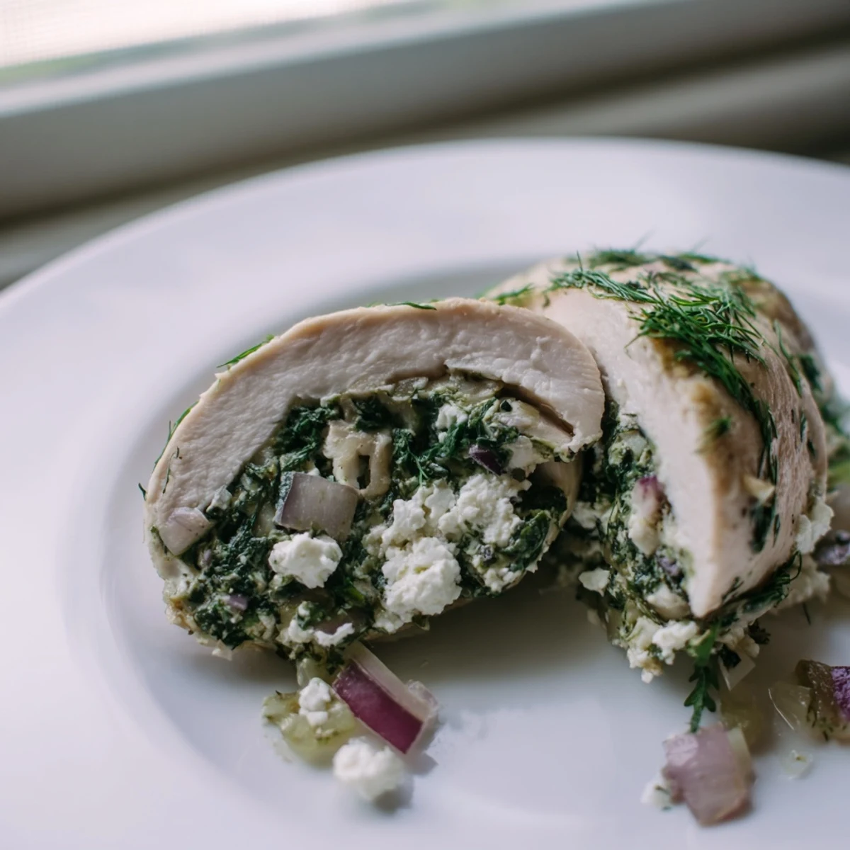 A close-up of Spinach Feta Stuffed Chicken; the perfect Greek-inspired baked chicken dish.
